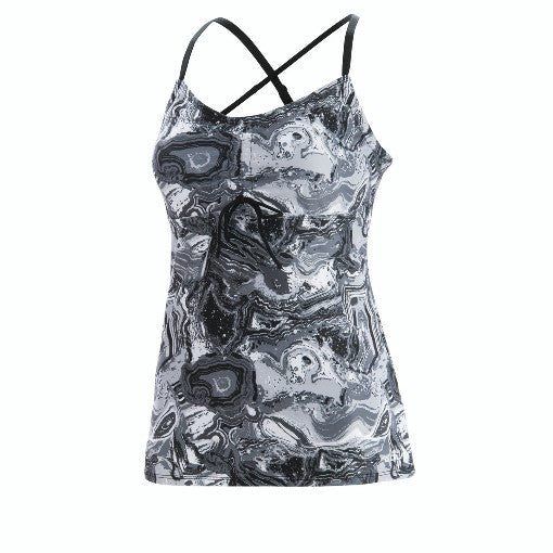 Women's gray marble-print tank top with crisscross straps