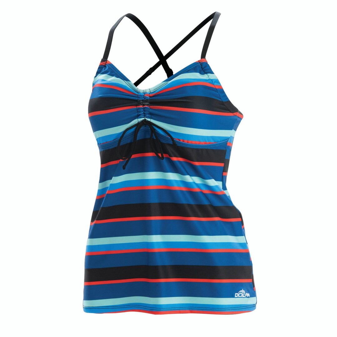 Blue striped tankini top with crisscross straps