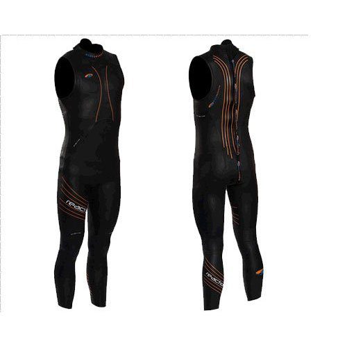 Black sleeveless wetsuit with orange accents