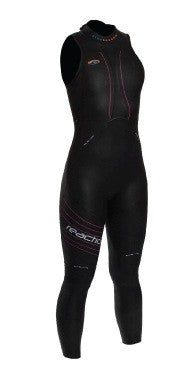 black sleeveless full-length wetsuit with pink trim