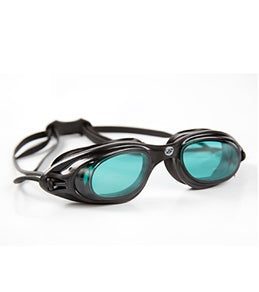 Black swim goggles with teal lenses