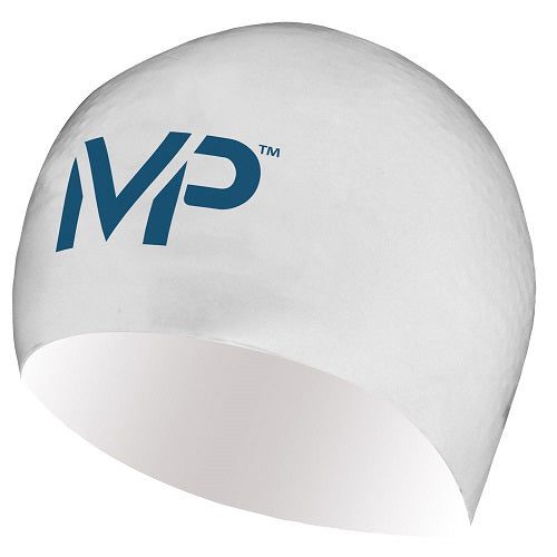 White swim cap with blue MP logo