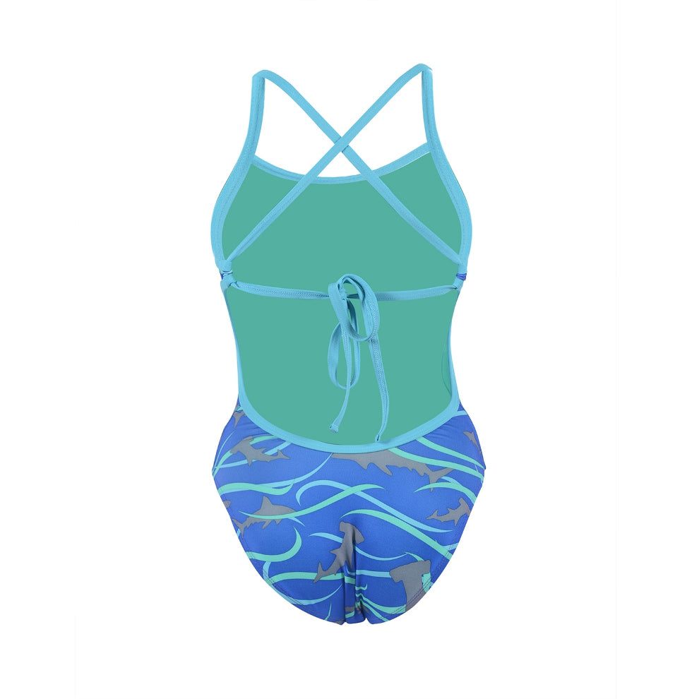 Turquoise one-piece swimsuit with shark print