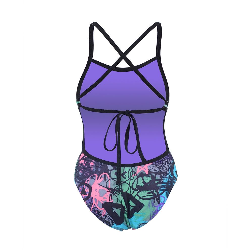 Purple tankini with crisscross straps, graffiti-print bottoms