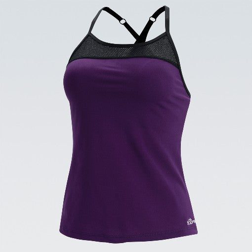 Women's purple tank top with black mesh