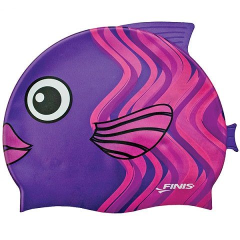 Purple and pink fish-shaped swim cap