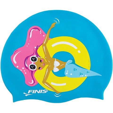 Blue swim cap with mermaid on yellow float
