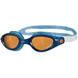 Blue swimming goggles with orange lenses