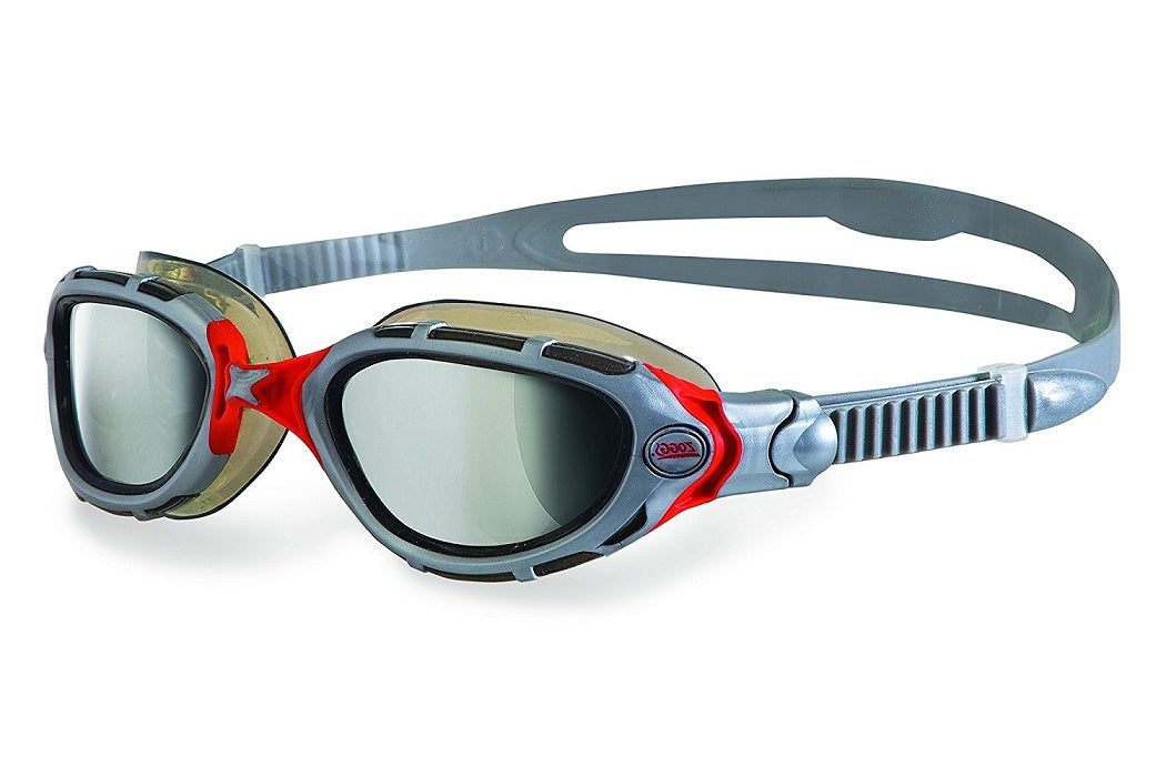 Mirrored gray and red swimming goggles