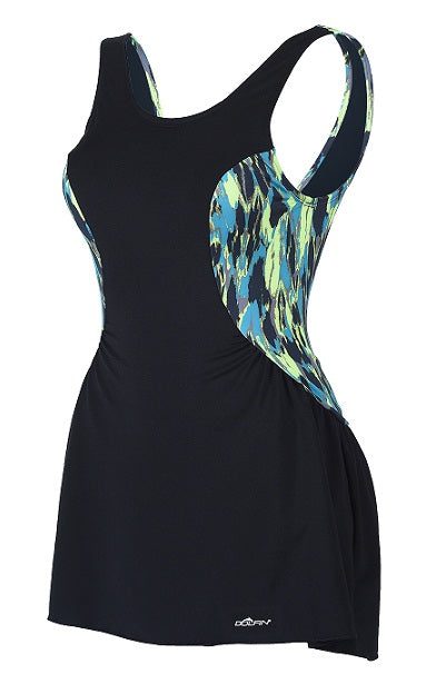Black swim dress with blue-green patterned sides