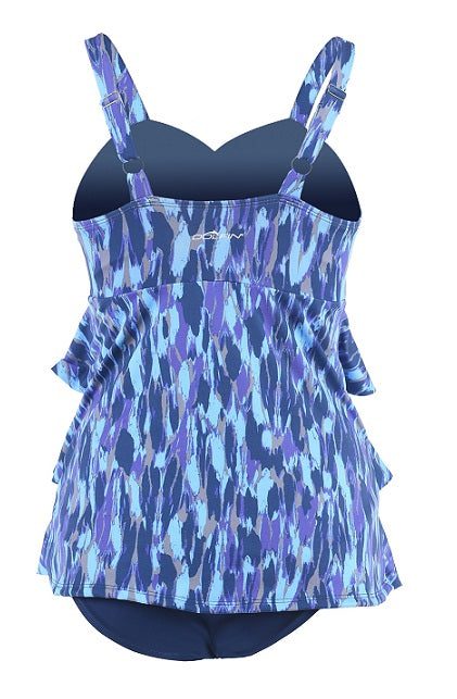 Blue patterned tankini swimsuit with peplum skirt
