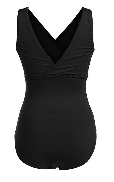 Women's black one-piece swimsuit with crossover back