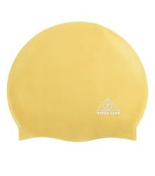 Yellow silicone swim cap with small white logo