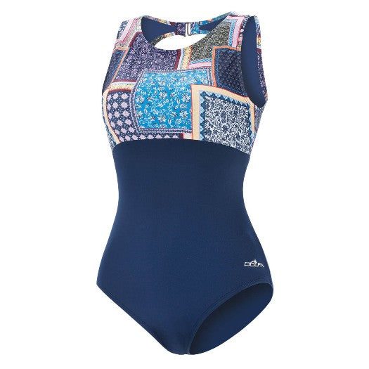 Navy one-piece swimsuit with patterned keyhole top