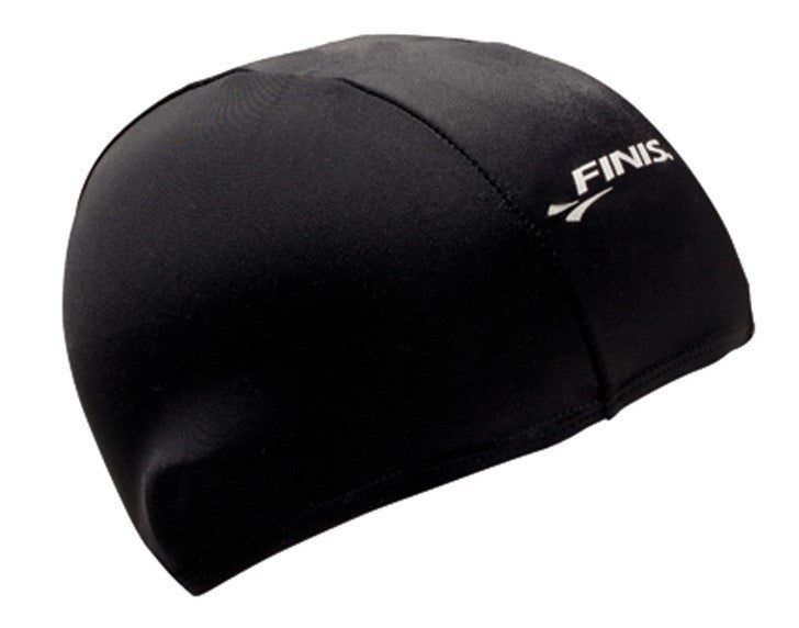 Black FINIS swim cap with logo
