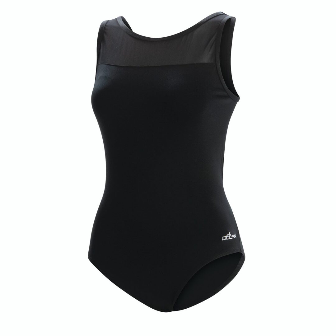 Black sleeveless one-piece swimsuit with mesh yoke