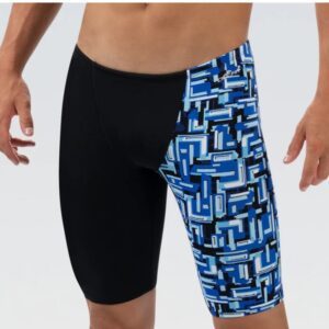 Man wearing black and blue geometric swim jammers