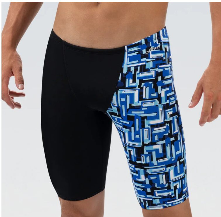 Man wearing black and blue geometric swim jammers