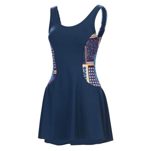 Navy blue skirted swimsuit with patterned sides