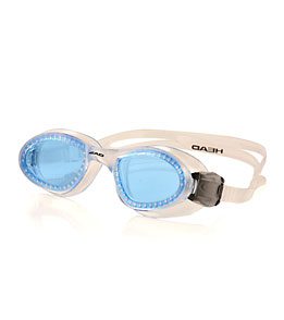 White swimming goggles with blue tinted lenses