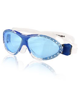 Blue-tinted swim goggles with white strap
