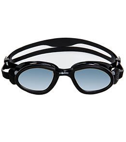 Black swim goggles with blue-tinted lenses