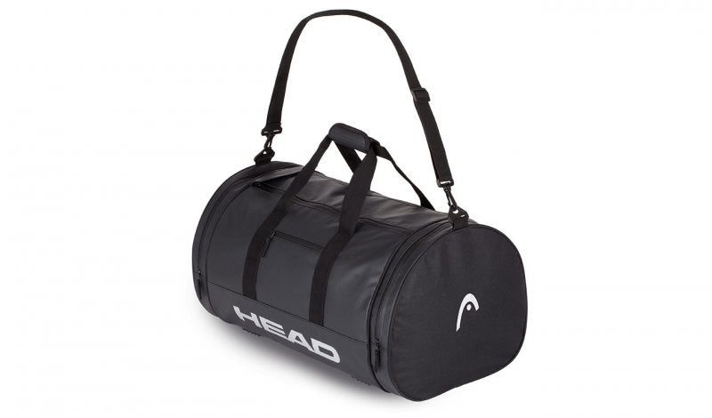 Black cylindrical HEAD duffel bag with shoulder strap