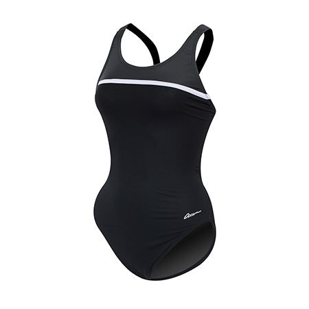 black one-piece women's swimsuit with white stripe