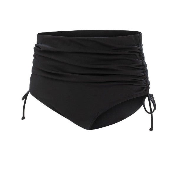 Black high-waisted ruched bikini bottom with ties