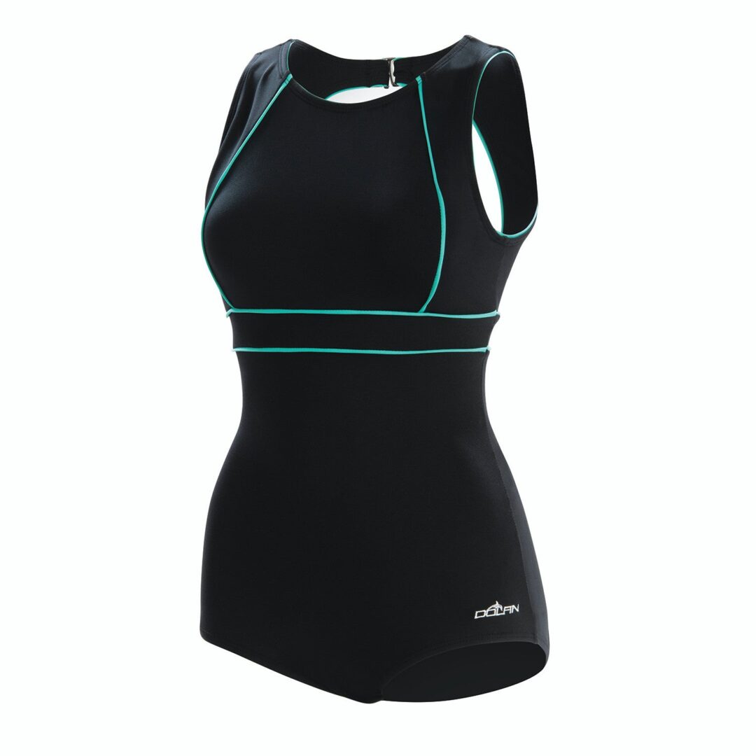 Black one-piece swimsuit with teal piping