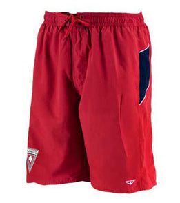 Red men's swim trunks with navy side panels