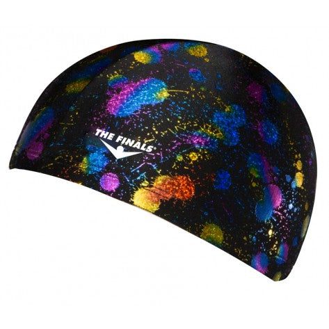 Black swim cap with multicolored splatter