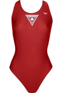 Red lifeguard one-piece swimsuit with logo
