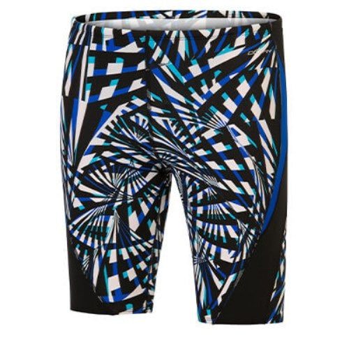 Blue and black geometric swim jammers