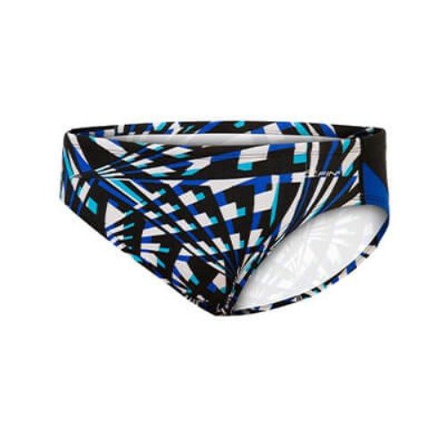 Blue and black geometric patterned swim briefs
