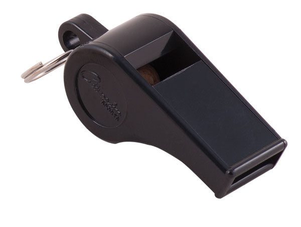 Black plastic referee whistle with metal keyring