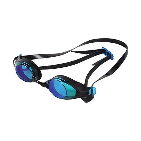 Blue mirrored swimming goggles with black strap