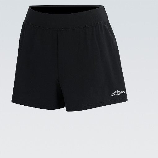 Black athletic shorts with white Dolfin logo