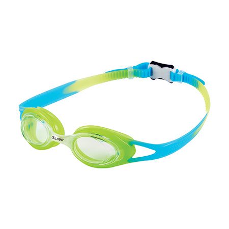 Blue and green swim goggles with strap