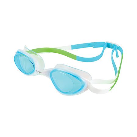 Blue-tinted swim goggles with green strap