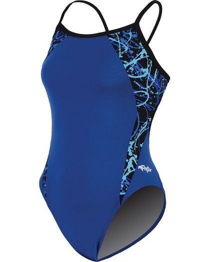 Blue one-piece swimsuit with patterned side panels