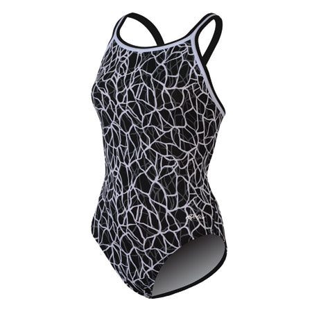 Black one-piece swimsuit with white abstract pattern