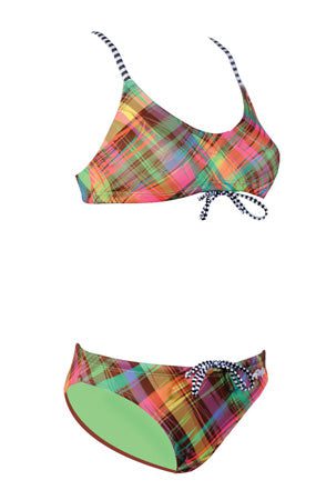 Colorful plaid two-piece bikini with striped straps