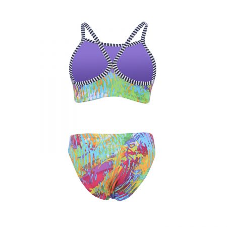 Purple bralette bikini with colorful patterned bottoms