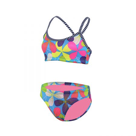 Colorful floral girls' two-piece swimsuit with striped straps