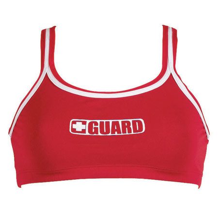 Red lifeguard sports bra with white trim