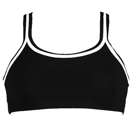 Black sports bra with white trim