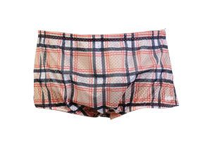 plaid boxer-style underwear on white background