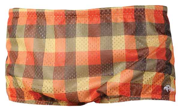 Orange and brown checkered men's swim trunks