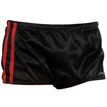 Black mesh athletic shorts with red stripes